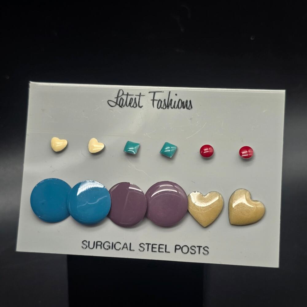 Colorful 1980s Enamel Stud Earrings Petite Dainty NWT NOS On Card #9